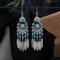 Vintage bohemian ethnic style silver earrings with turquoise beads and feather tassels. - Blue Silver (E830-2)