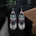 Bohemian ethnic style silver dangle earrings with turquoise stones and feather tassels - Multicolor Silver (E7622)