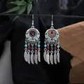 Vintage Bohemian ethnic style silver tassel earrings with colorful beads and feathers - Multicolor Silver (E2408-4)
