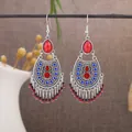 Elegant Bohemian ethnic silver tassel earrings with vibrant red and blue bead accents - Red Blue and Silver (E7199)