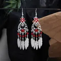 Bohemian ethnic style silver-plated tassel earrings with red turquoise and flower accents - Red Silver (E4574-2)
