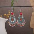 Bohemian ethnic style silver tassel earrings with red stone and colorful beads - Red Blue and Silver (E5772-1)
