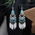 Bohemian ethnic silver earrings featuring turquoise beads and long feather tassels - Blue Silver (E4836-3)