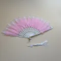 Elegant pink feather folding fan with white lace trim and white tassel for dance - Lace Pink Feather Fan