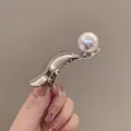 Elegant silver metal hair clip with a large white pearl, French style duckbill claw clip - Silver (B3405)