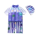 Boys' buoyancy one-piece swimsuit with cartoon dinosaur print and matching swim cap - L / Purple-Gray Dinosaur Buoyancy Style