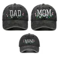 Vintage washed cotton DAD MOM MINI embroidered family matching baseball caps set - Adjustable / Black DAD, MOM And MINI Set