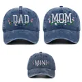 Washed denim blue embroidered DAD MOM MINI matching family baseball caps for adults - Adjustable / Navy Blue DAD, MOM And MINI Set