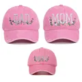 Pink washed cotton baseball caps with Dad Mom and Mini floral embroidery family set - Adjustable / Pink DAD, MOM And MINI Set