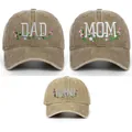 Washed cotton baseball cap set featuring floral DAD, MOM, and MINI embroidery designs - Adjustable / Khaki DAD, MOM And MINI Set