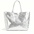 Minimalist silver metallic tote bag with embossed TOTE BAG text and crinkled texture - Gray