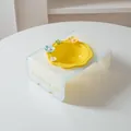 Cute flower shaped ceramic pet bowl with yellow checkered acrylic stand for cats and dogs - Spring Flower + Yellow Acrylic Rack