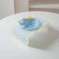 Elegant light blue ceramic UFO pet bowl with floral accents on a striped acrylic stand - Spring Flower + Blue Acrylic Rack