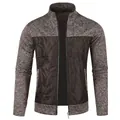 Front view of men's knit cardigan featuring black quilted panel and grey marl sleeves - Coffee
