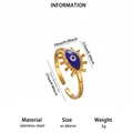 Adjustable golden stainless steel ring with blue evil eye motif and dimensions - Blue Enamel Evil Eye Style (JZ9850)