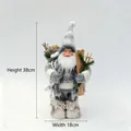 Standing Santa Claus doll in grey sweater holding wooden skis, 38cm tall figurine - Gray Nordic Knit Skiing Style (ML-Q1897)