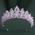 Elegant Baroque purple crystal bridal crown featuring intricate leaf designs for pageants - Silver Purple Rhinestone