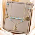 Elegant bohemian double-layer gold plated tree of life charm necklace with turquoise beads - Tree of Life Pendant (N-81)