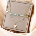 Élégant collier multi-rangs plaqué or avec perles turquoise et pendentifs en forme d'étoile - Pendentif Étoile (N-82)