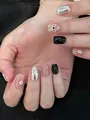 Elegant hand-worn press-on nails with black, silver metallic, and white floral designs - M / Spring Awakening Style (BY1692)