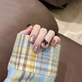 Elegant pink purple cat-eye press-on nails featuring black polka dots and 3D bows - M / Black Bowtie Style (BY1520)