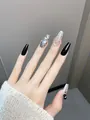 Black and silver glitter press-on nails with polka dots and 3D cat design details - M / White Weave Night Watch Style (BY1827)