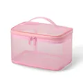 Portable pink mesh cosmetic bag with handle and dual zippers for travel toiletry organization - Pink Mesh (Single Layer)