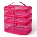 Large pink three-layer mesh travel cosmetic bag for toiletries storage and organization - Rose Red Mesh (Triple Layer)