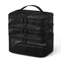 Three-tier black mesh makeup bag for travel storage with durable zippers and handle grip - Black Mesh (Triple Layer)