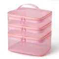 High-quality pink mesh travel cosmetic storage bag with multi-tier zipper layers - Pink Mesh (Triple Layer)