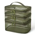 Three-tier army green mesh cosmetic bag with top handle and zippers - Army Green Mesh (Triple Layer)