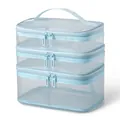 Light blue mesh travel cosmetic storage bag with three tiered zippered compartments - Blue Mesh (Triple Layer)