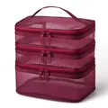 Set of three burgundy mesh travel makeup bags with double zippers and top handle - Wine Red Mesh (Triple Layer)