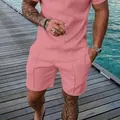 Close-up view of the 3D geometric textured fabric on this pink men's summer casual set - Pale Pink (ZK87-32)