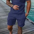 Men's casual summer 2-piece set with 3D geometric texture shirt and shorts - XS / Deep Blue (ZK87-30)