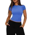 T-shirt bleu ajusté à manches courtes en maille côtelée pour femme avec col rond classique - Bleu