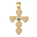 Retro gold-plated heart cross pendant featuring cubic zirconia and blue evil eye detail - Evil Eye Heart Spliced Cross (D1022JB) / Pendant Only (No Chain)