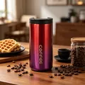 Premium red and purple gradient stainless steel thermal coffee mug on a rustic wooden table - 400ml / Gradient Purple