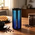 Metallic blue stainless steel coffee insulated mug on a wooden table - 400ml / Gradient Blue