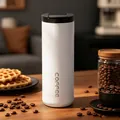 Minimalist white stainless steel coffee travel mug featuring vertical COFFEE text detail - 550ml / White