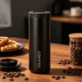 Premium matte black stainless steel coffee travel mug with vertical coffee lettering - 550ml / Black