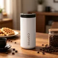 Elegant white portable stainless steel vacuum coffee mug displayed on a rustic wooden table - 400ml / White