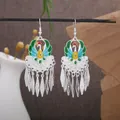 Vintage ethnic style peacock drop earrings with cloisonne enamel and silver finish - Multicolor Enamel Peacock Tassel Earrings
