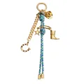 Western style gold chain and braided rope bag charm with cowboy boot and star pendants. - Blue Denim Bag Charm