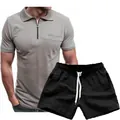 Heren casual grijze poloshirt en zwarte korte broek tweedelige set voor de zomer - S / Lichtgrijs