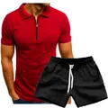 Rood polo shirt met korte mouwen en zwarte korte broek casual heren set van twee - S / Rood