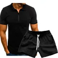 Heren tweedelige set met effen zwart poloshirt en korte broek met trekkoord, casual stijl - S / Zwart