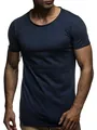 Close-up of men's navy blue short-sleeved T-shirt with V-shaped patchwork detail - Navy Blue