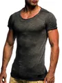 Detail of men's slim fit grey heathered t-shirt featuring a stylish raw edge neckline - Dark Gray