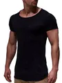 Macro view of a slim fit black men's T-shirt featuring unique panel stitching detail. - Black